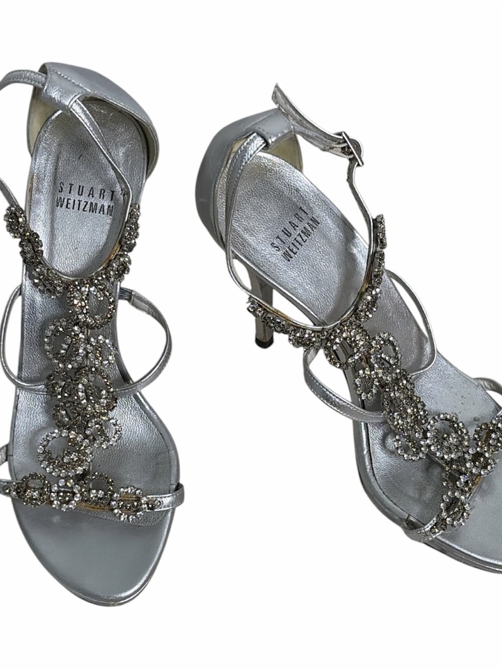 Stuart Weitzman Silver Jeweled T-Strap heels